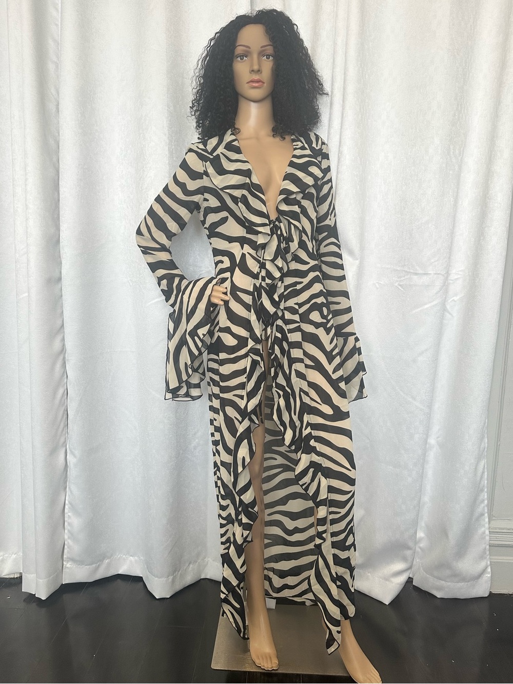 Zebra Print Black and Cream Maxi Shirt with Tie Front